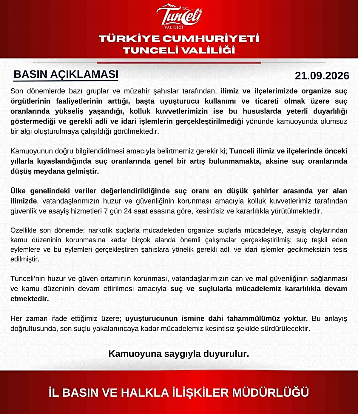 Tunceli Valiliği suç oranlarında düşüş olduğunu açıkladı